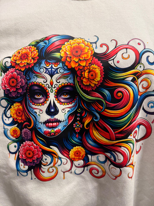 Upcycled sugar skull crewneck