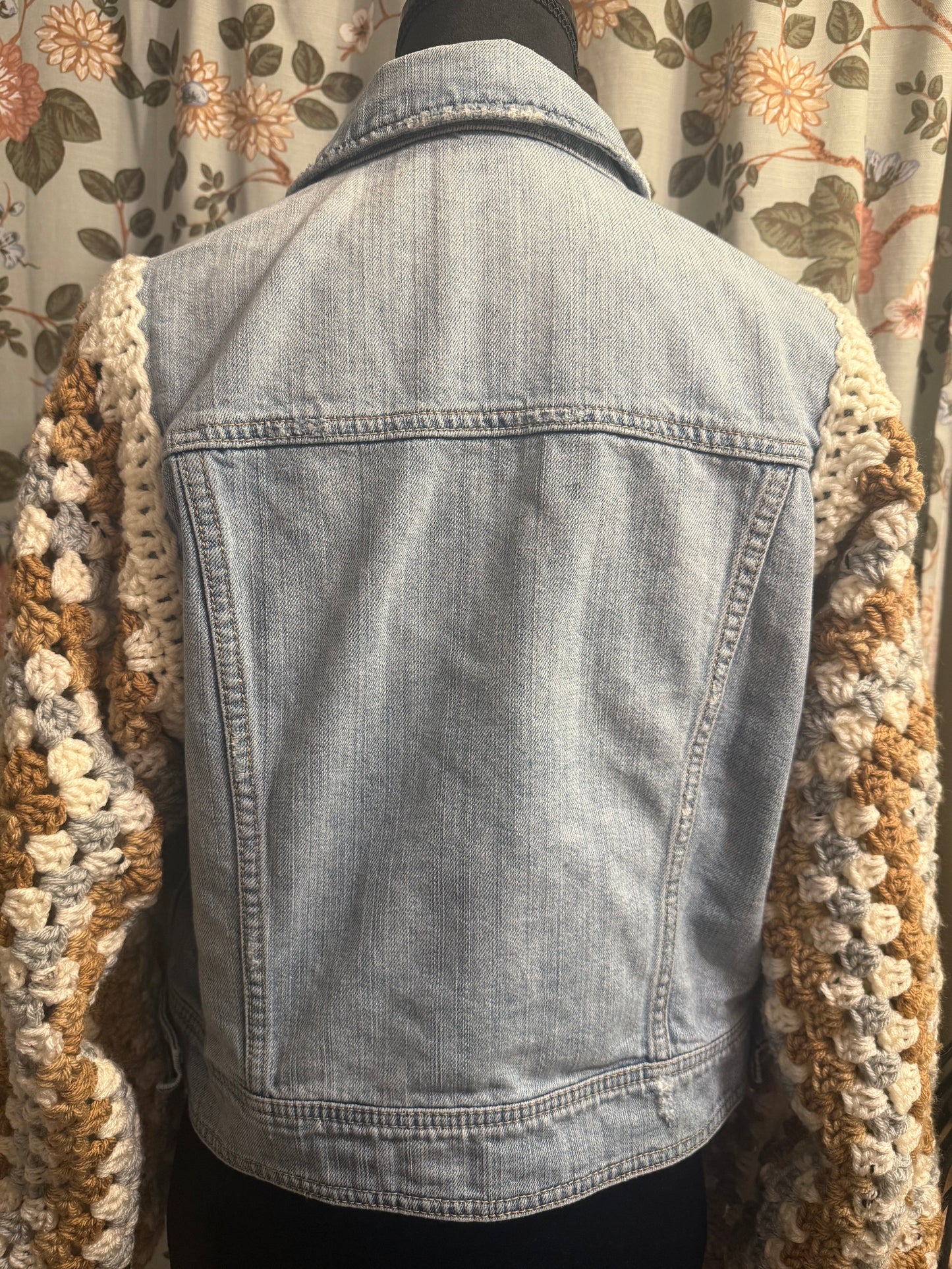 Upcycled denim jacket with crochet sleeves