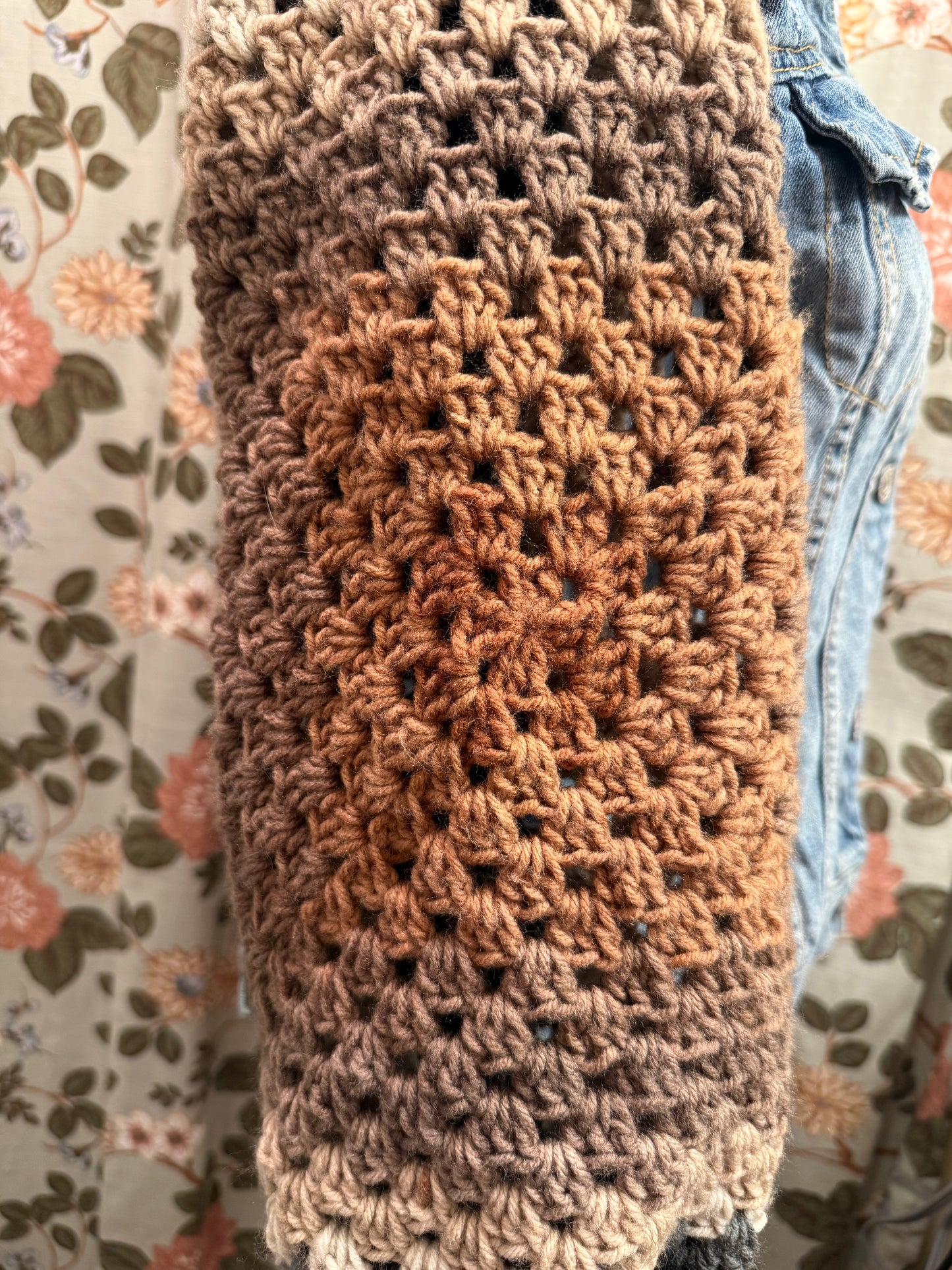 Upcycled denim jacket with crochet sleeves