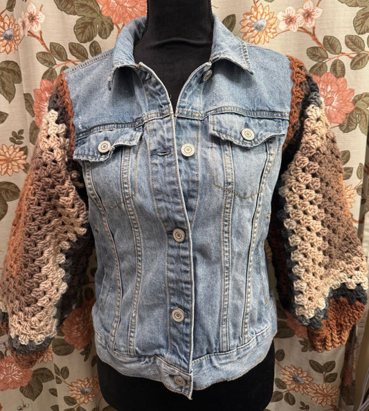 Upcycled denim jacket with crochet sleeves