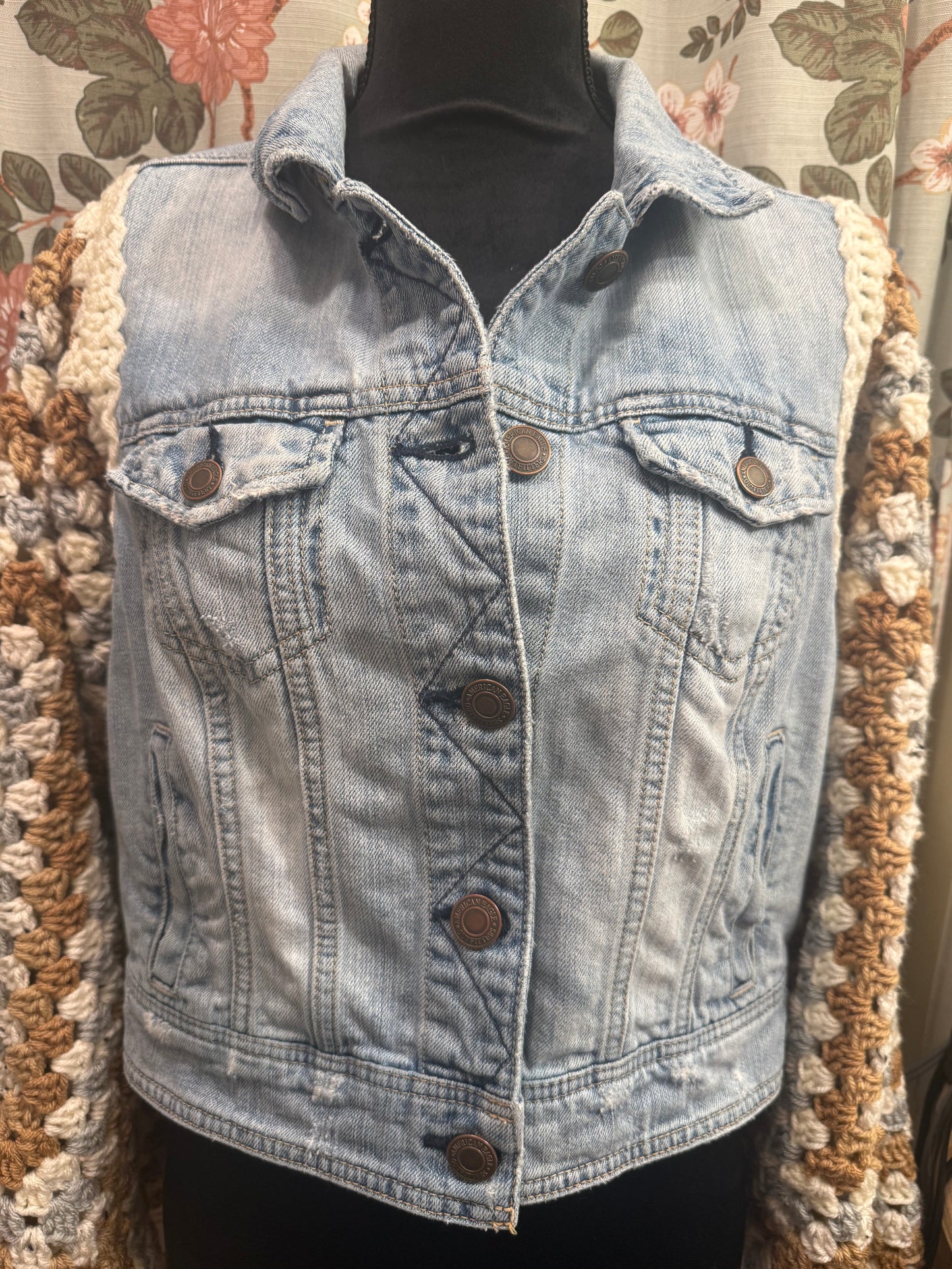 Upcycled denim jacket with crochet sleeves
