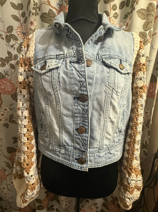 Upcycled denim jacket with crochet sleeves
