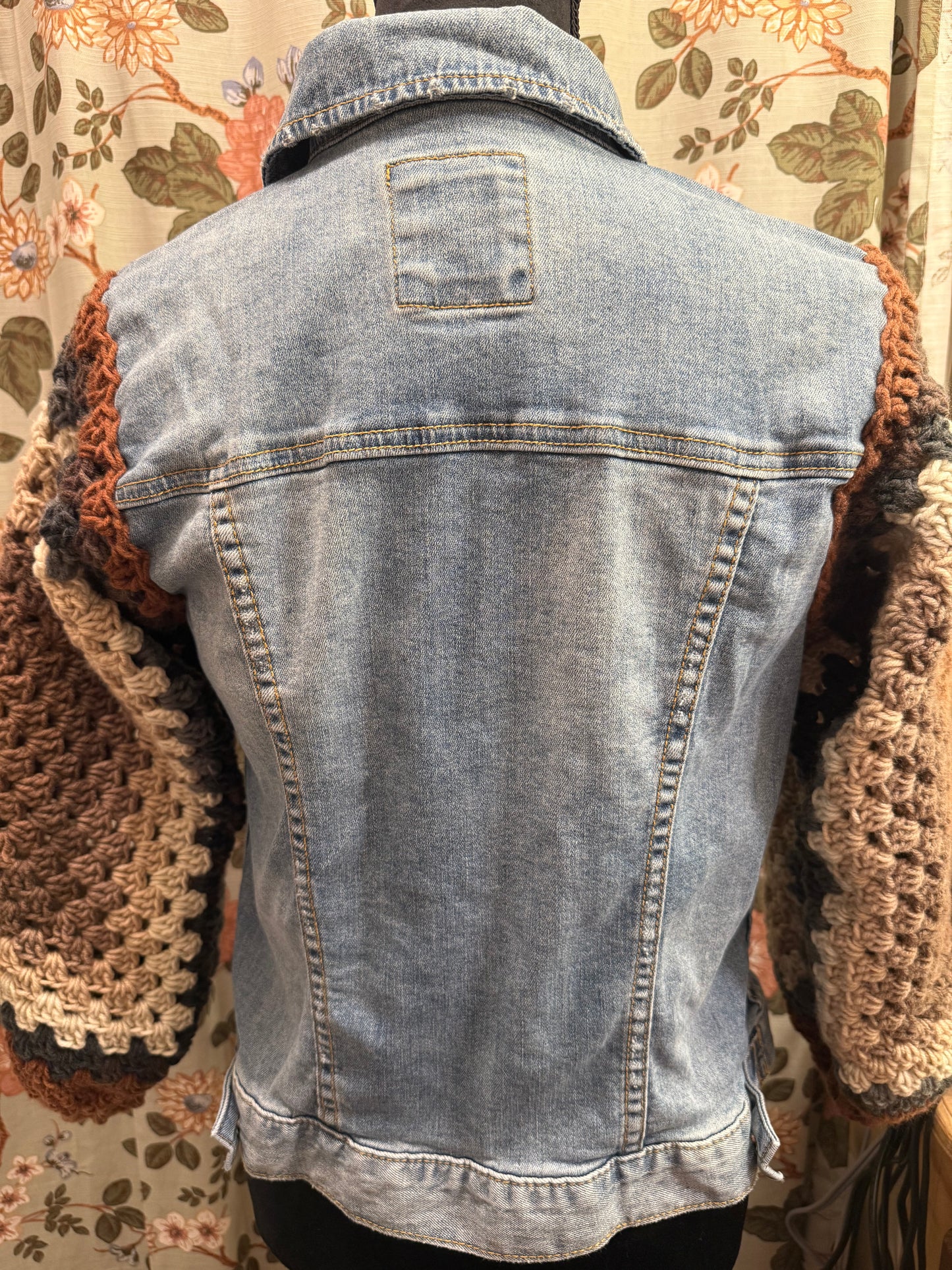 Upcycled denim jacket with crochet sleeves