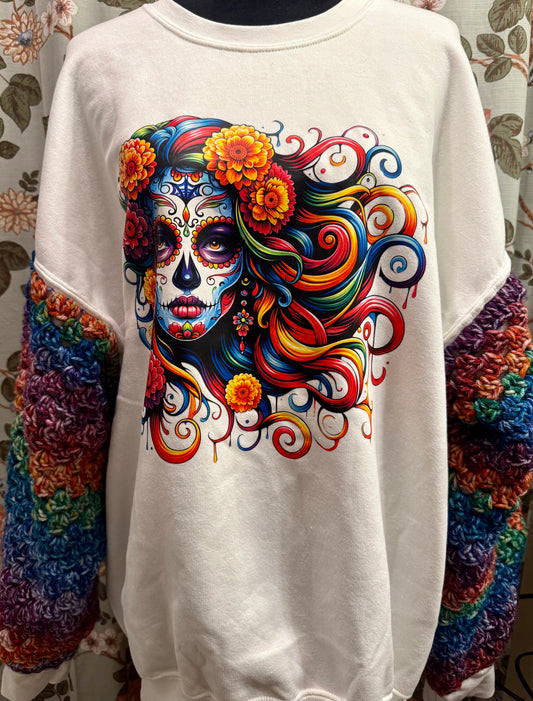 Upcycled sugar skull crewneck